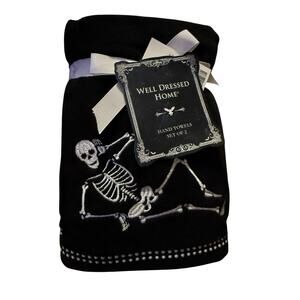Halloween Fluffy Skeleton Hand Towels Black NEW Set of 2!